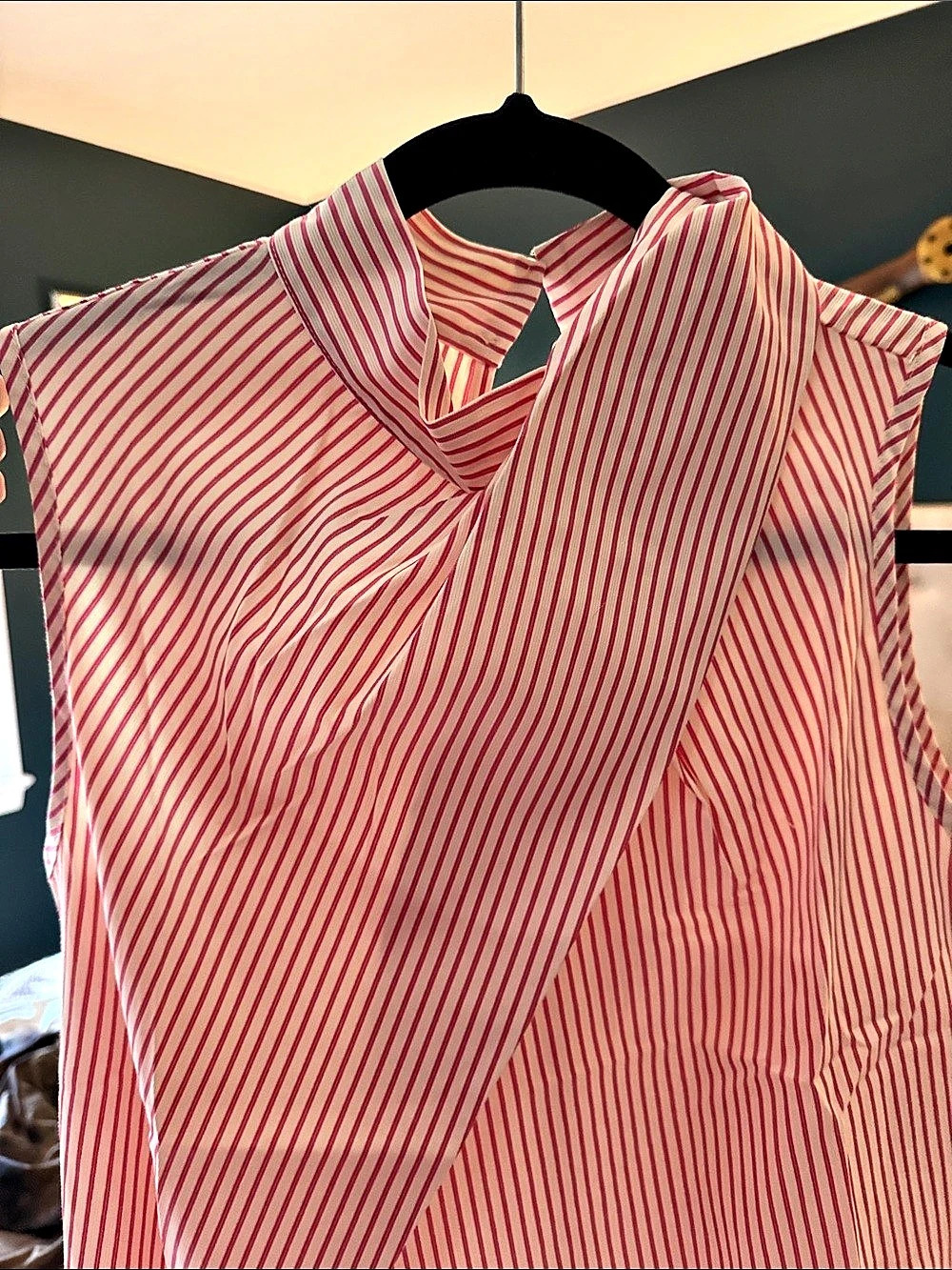 Striped Sleeveless Twist Drape Front Blouse in Pink & White NWT